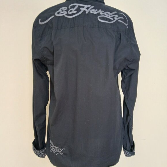 Vintage Christian Audigier Ed Hardy Love Kills Slowly Button Down Shirt Black M - Picture 4 of 8